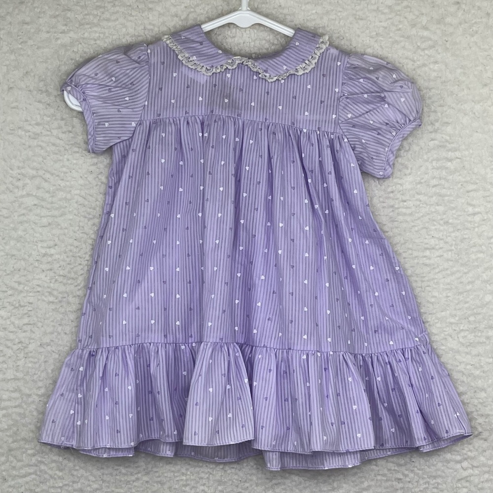 Vintage Polly Flinders Purple Heart Striped Lace Collar‎ Puffy Sleeve Dress 4T